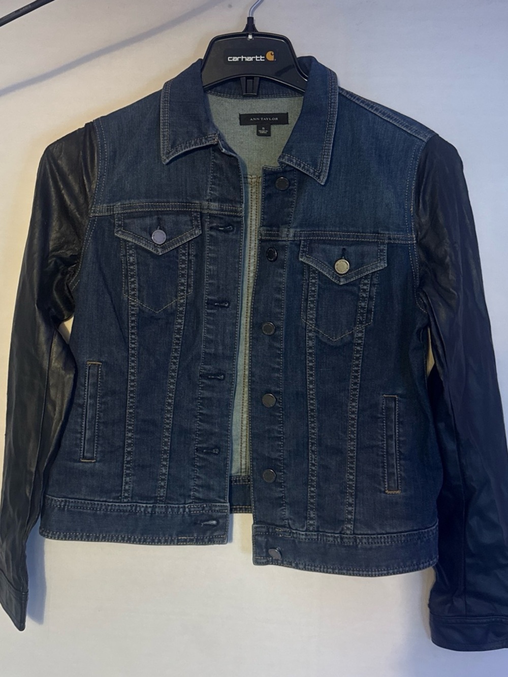 Ann Taylor Dark Blue Denim Jacket with Black Sleeves